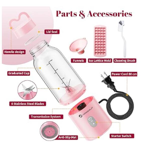 Portable Personal Compact Blender 17 OZ/500 ML Juicer, (Pink) - Picture 2 of 4
